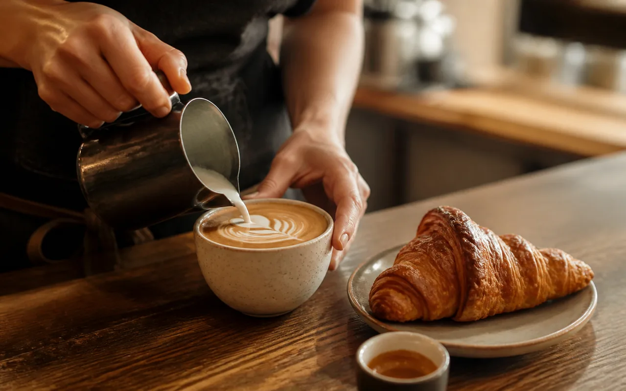 Café préparé avec un croissant au beurre