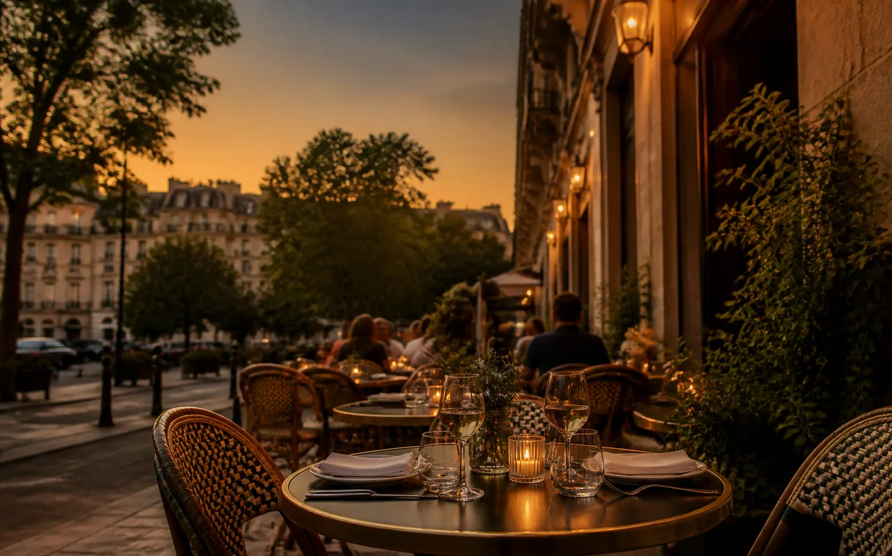 Terrasse de bistrot français à l’heure dorée