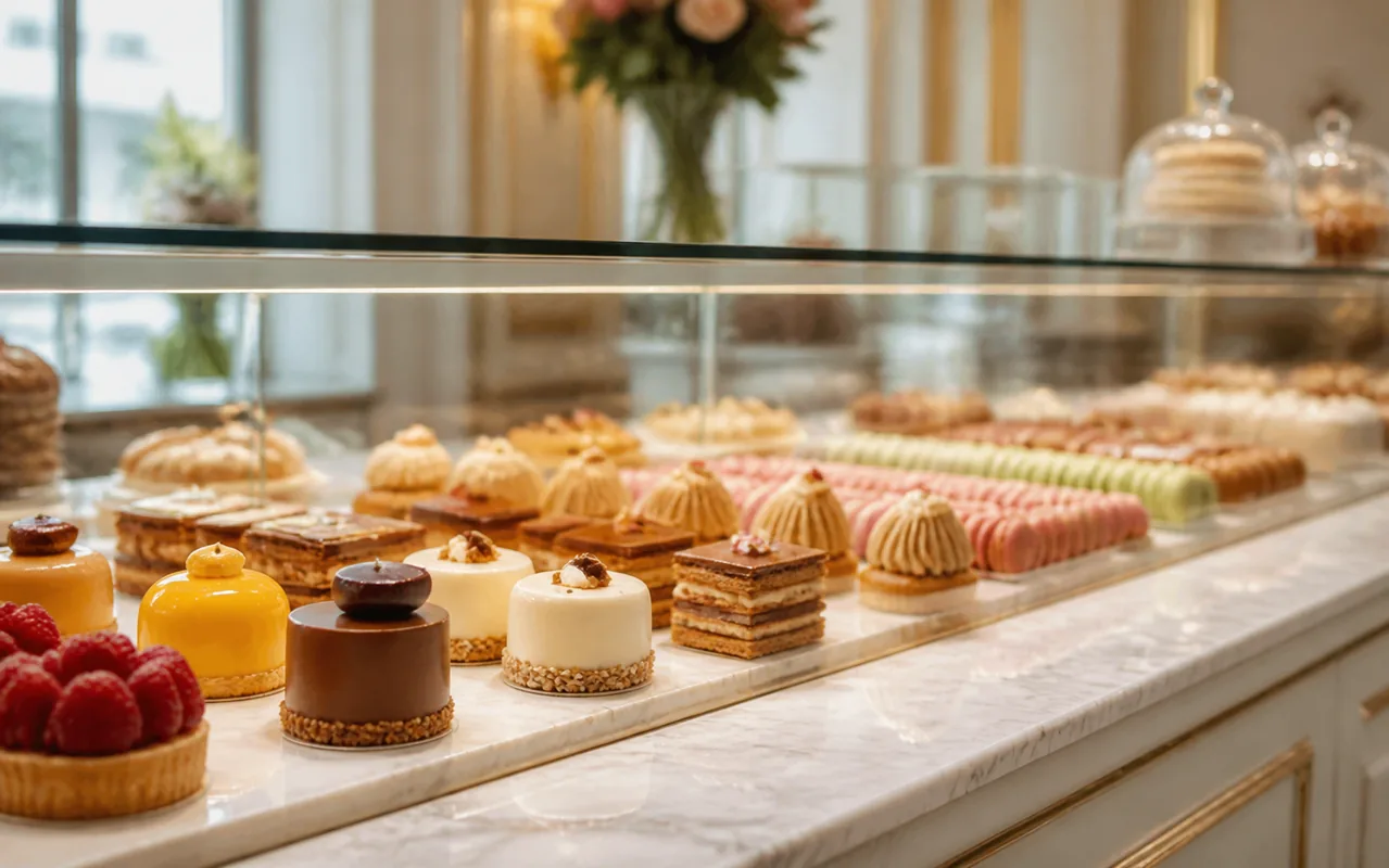 Vitrine de pâtisseries artisanales