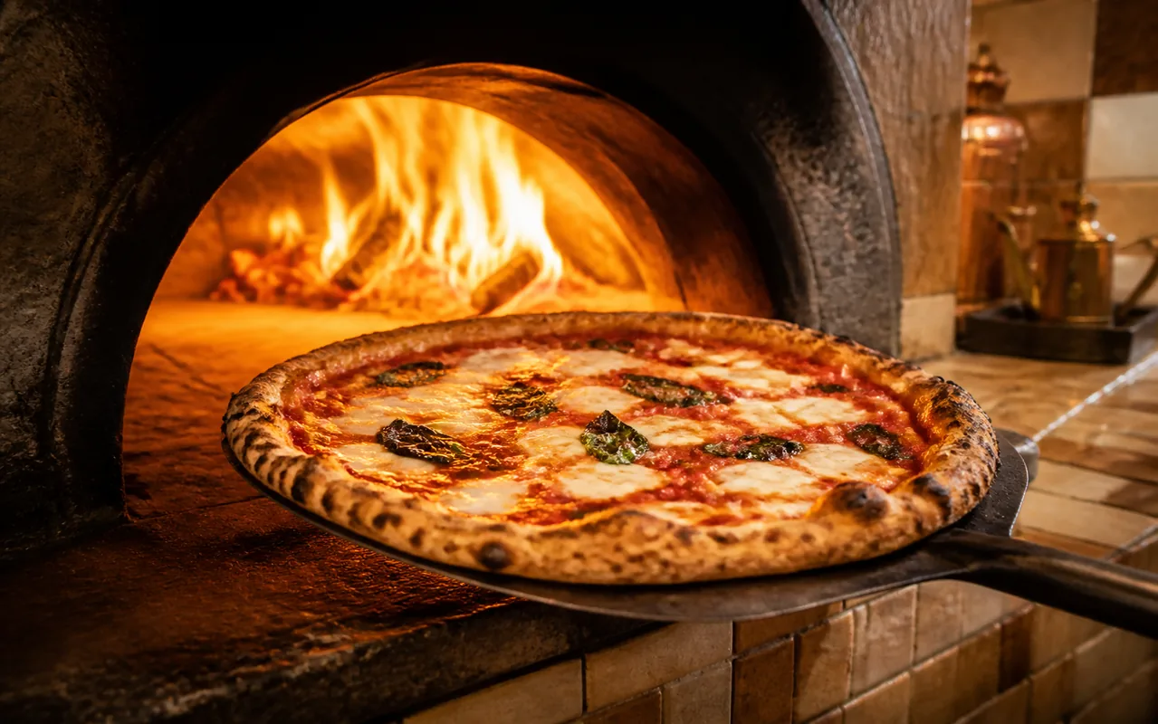 Pizza cuite au feu de bois dans un four traditionnel