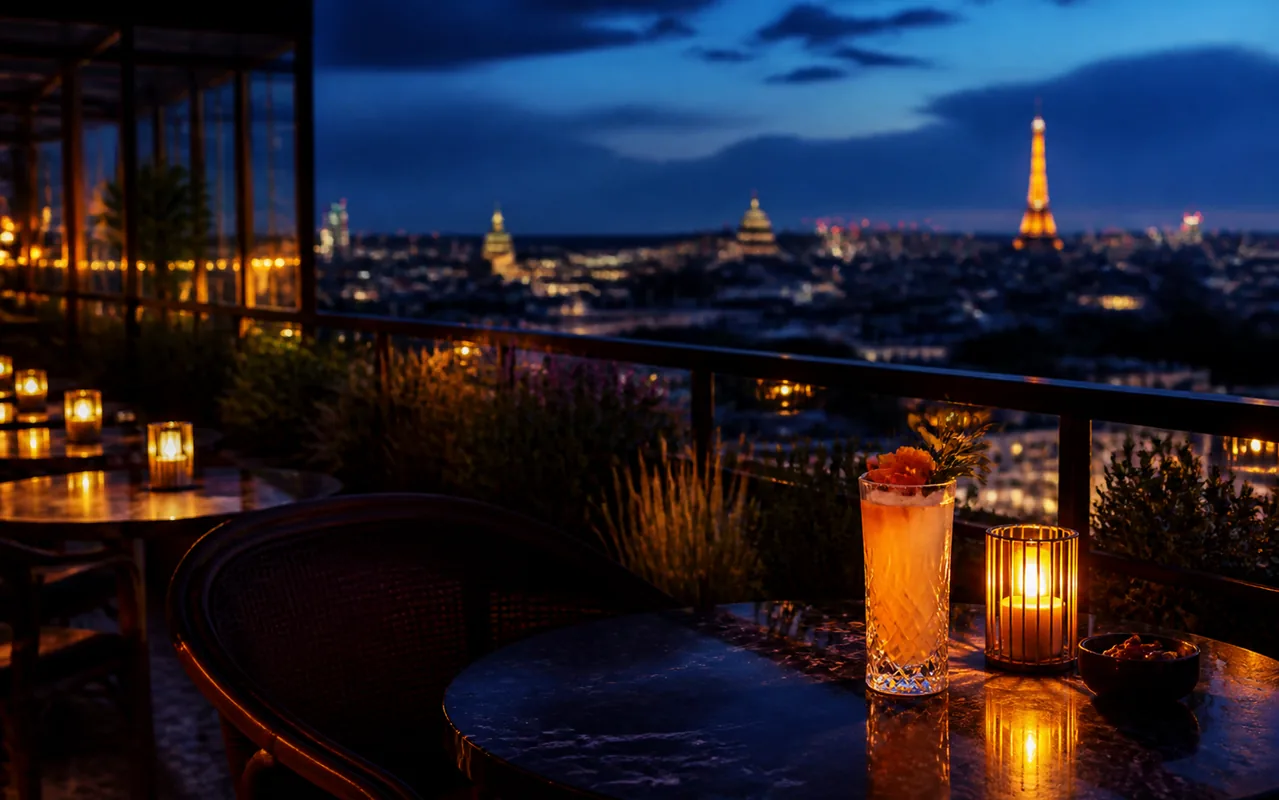 Terrasse de bar sur les toits à la nuit tombée