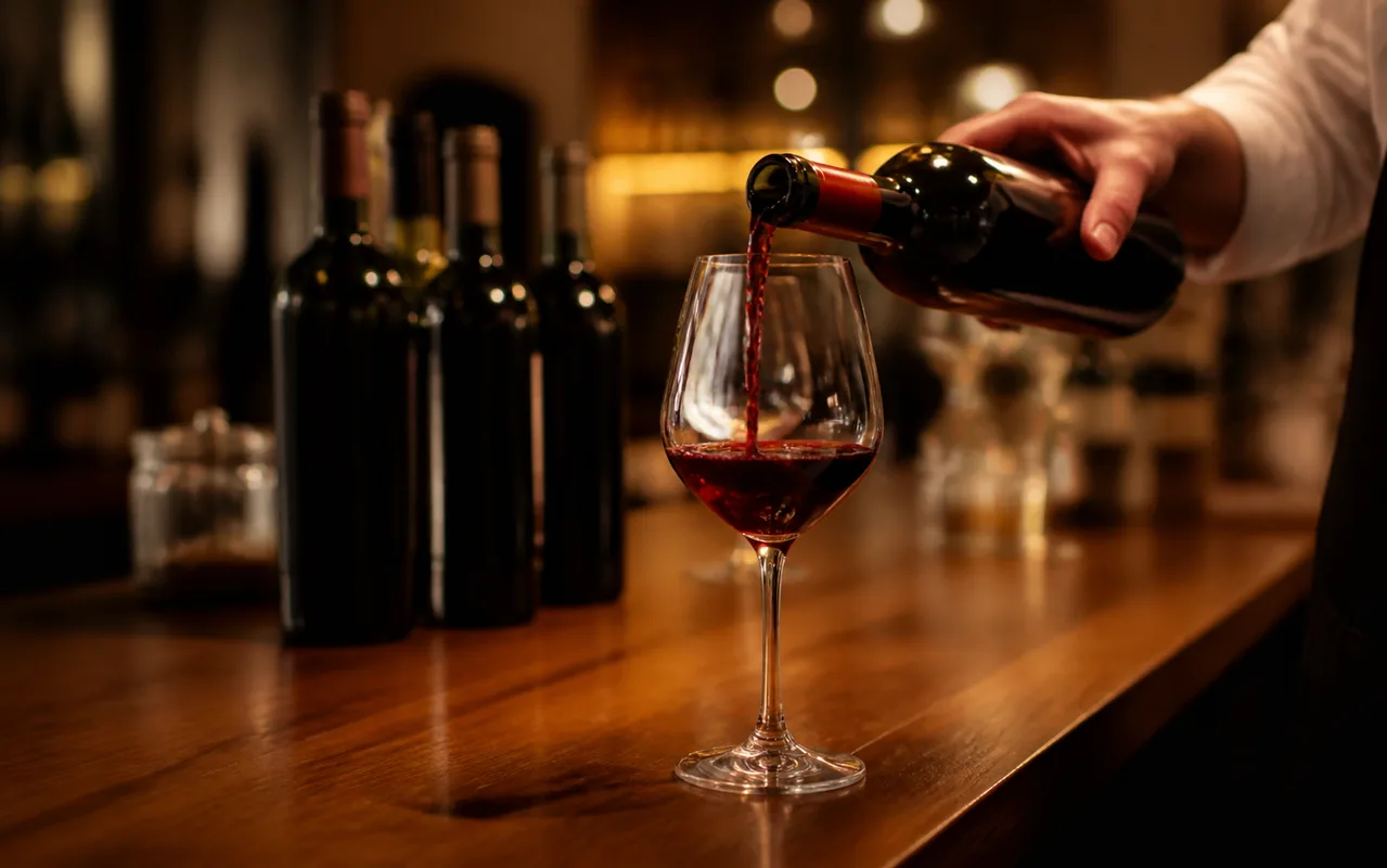 Vin rouge servi au comptoir d’un bar à vins