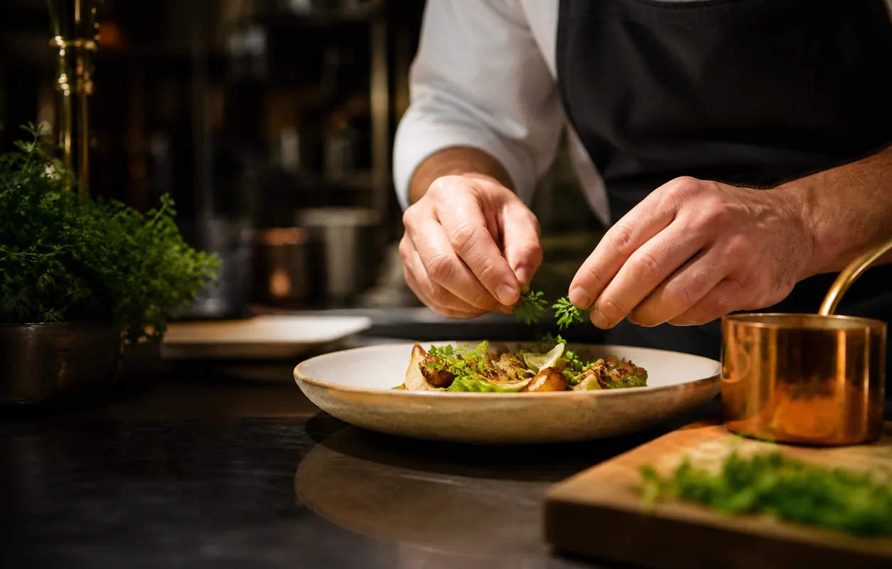Dressage minutieux d’une assiette en cuisine