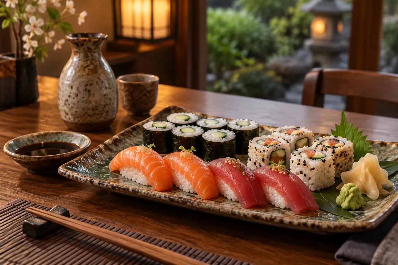 Illustration IA d’un assortiment de nigiris et makis sur un plat