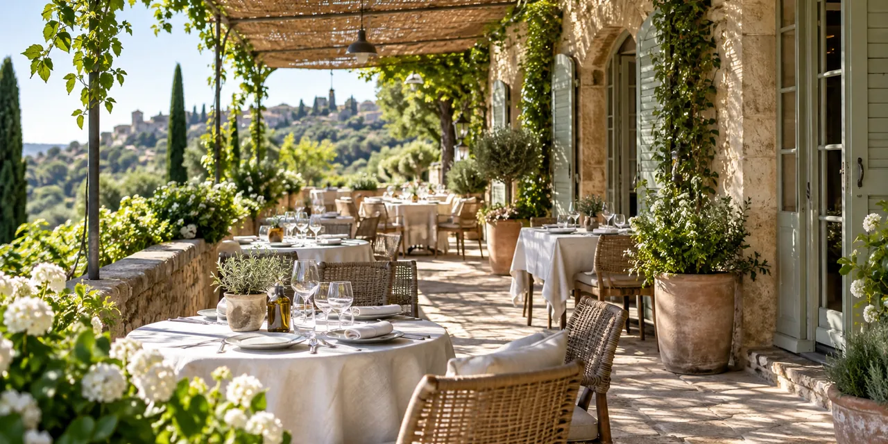Terrasse de restaurant ombragée dans un paysage français