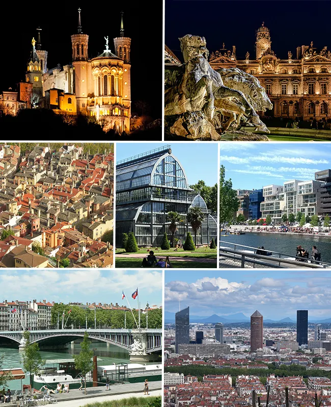 Montage de photographies de Lyon : Fourvière, Terreaux, Vieux Lyon, parc de la Tête d’Or, Confluence et Rhône